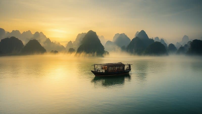 Barcos tradicionais entre os rochedos da baía de Ha Long ao amanhecer