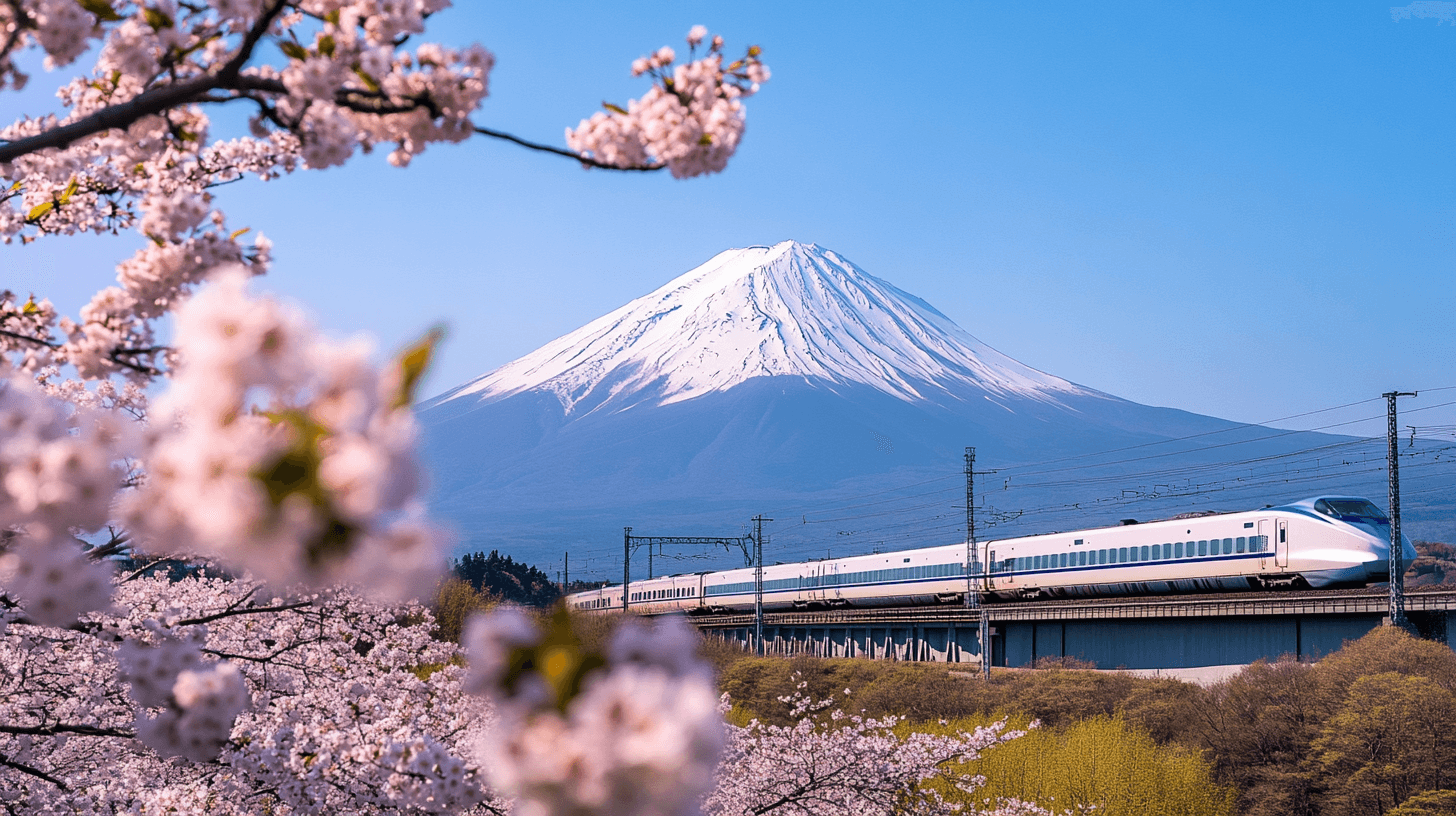 Monte Fuji com trem bala shinkansen e cerejeiras