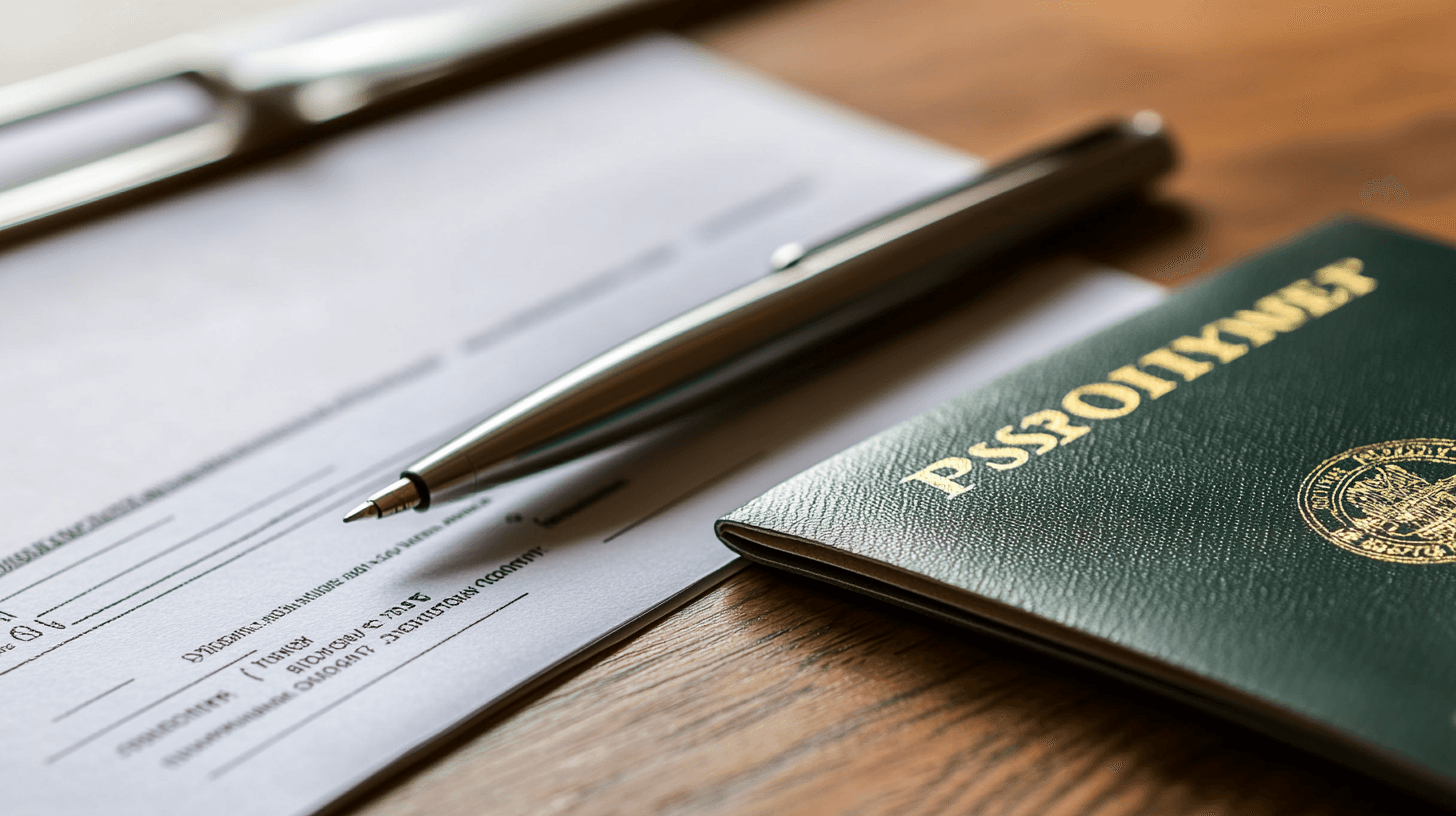 Passaporte brasileiro sobre mesa de madeira ao lado de uma caneta