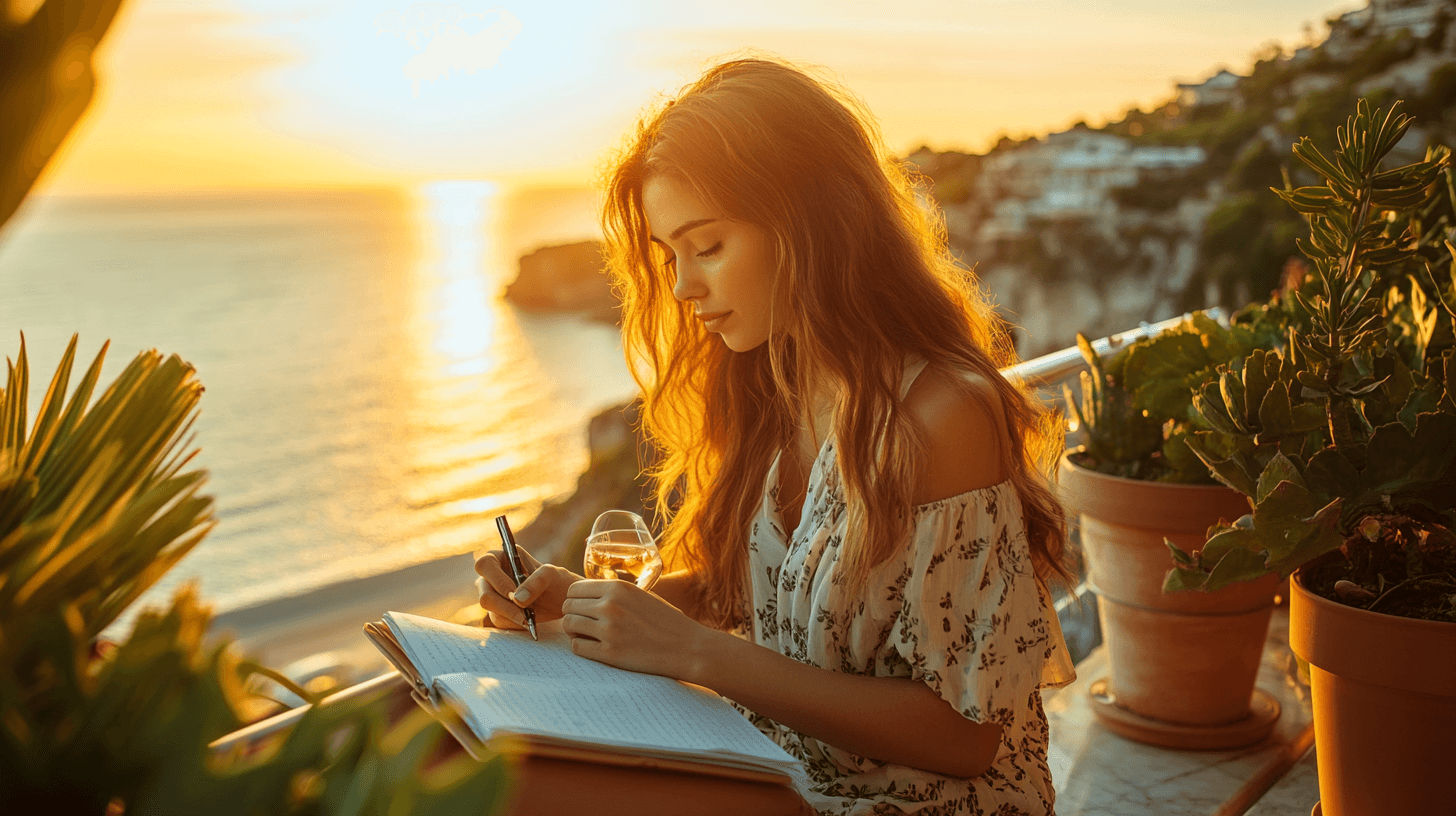 Travel designer escrevendo em diario ao por do sol no Mediterraneo