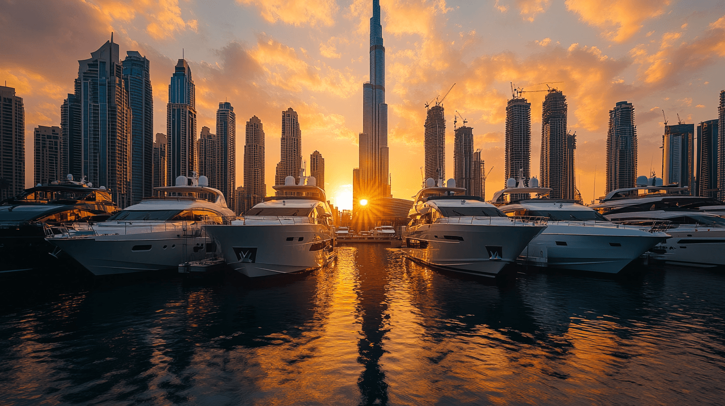 Skyline de Dubai Marina ao pôr do sol com Burj Khalifa ao fundo e iates no primeiro plano