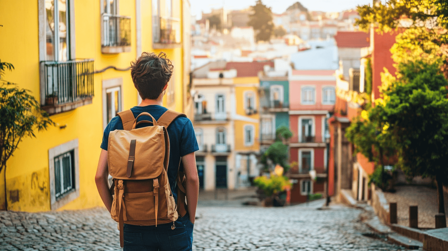 Adolescente com mochila explorando rua colorida em Lisboa
