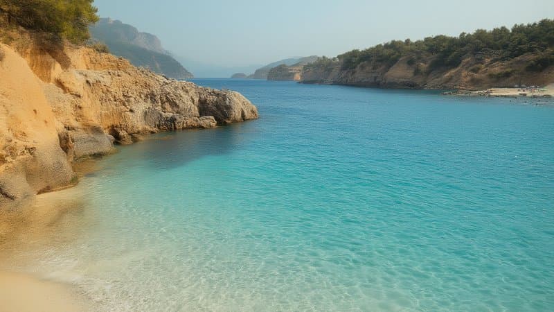Praia mediterrânea de águas calmas e turquesa com falésias douradas