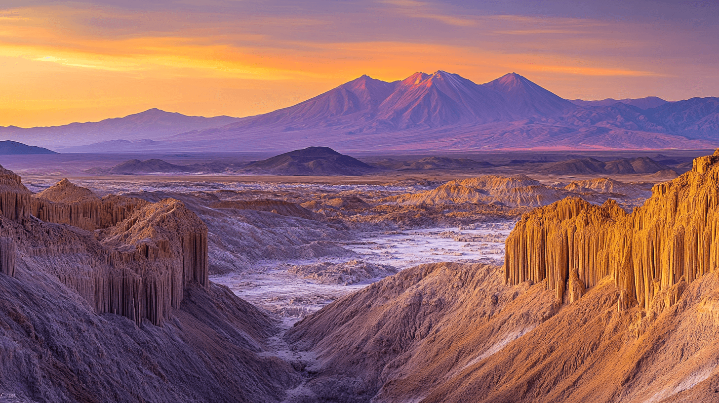 Vista panorâmica do Valle de la Luna no Atacama ao pôr do sol com formações rochosas