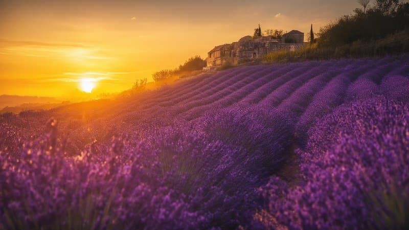 Campo de lavanda na Provence ao entardecer com casa de pedra ao fundo