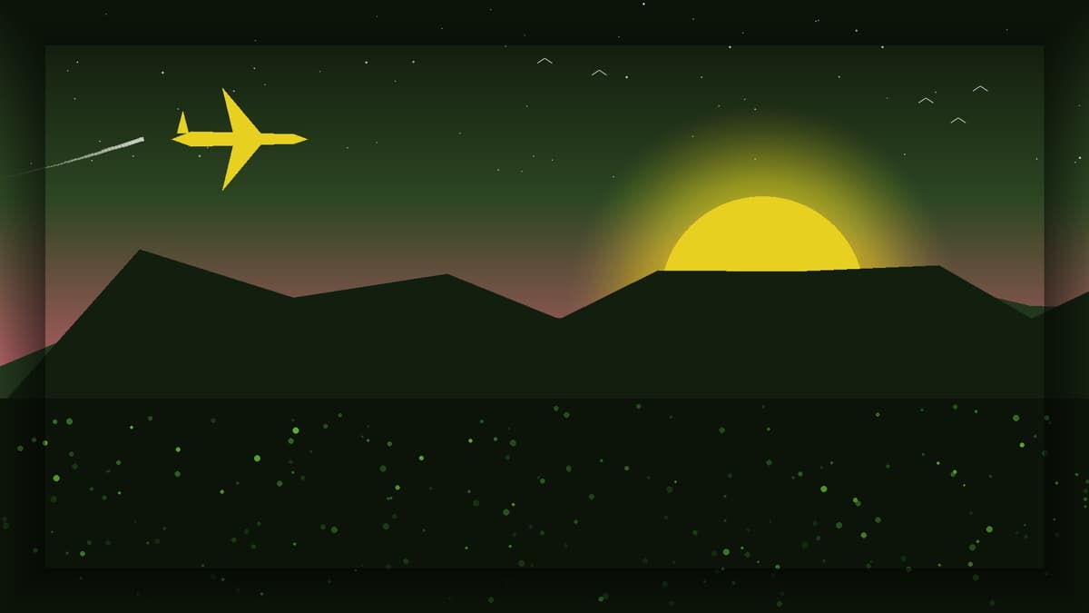 Avião dourado sobrevoando montanhas e floresta