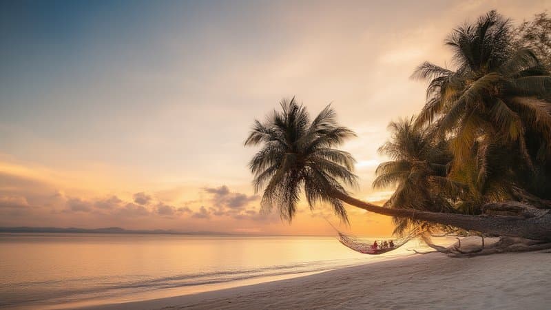 Praia tropical ao pôr do sol com palmeiras