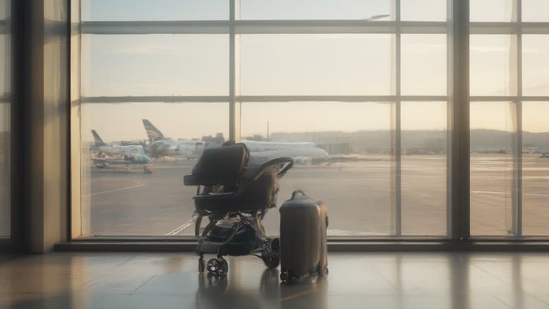 Carrinho de bebê compacto e mala pequena diante de janela de aeroporto