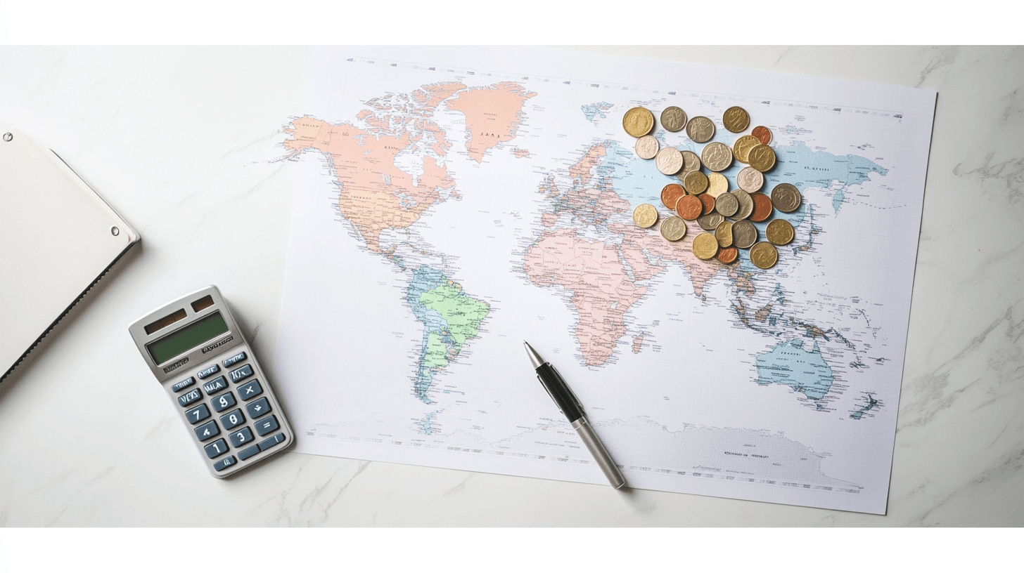 Flat lay com mapa-múndi, moedas de diferentes países, calculadora e caderno sobre mármore
