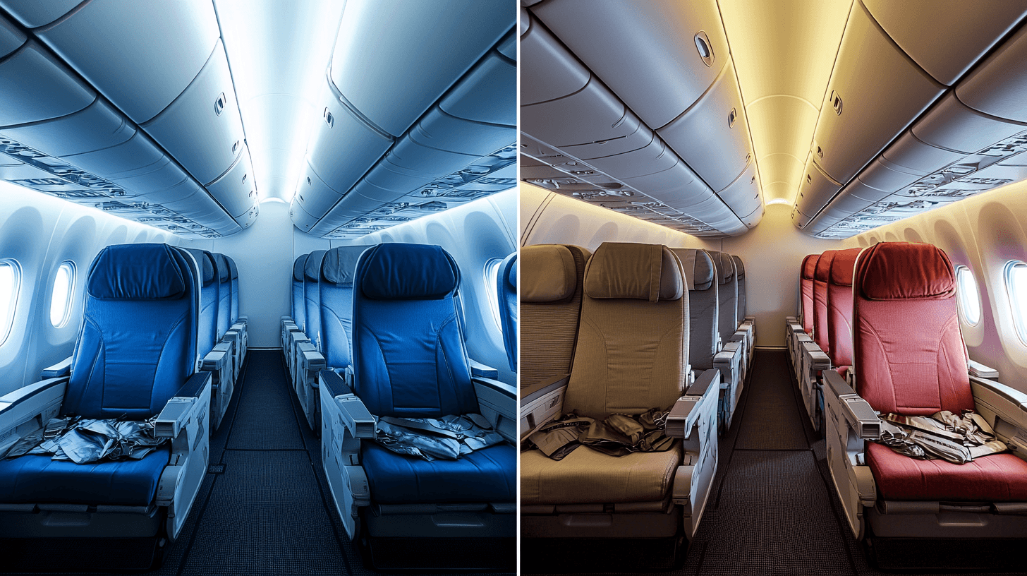 Comparação lado a lado de três classes de cabine: econômica, premium economy e executiva