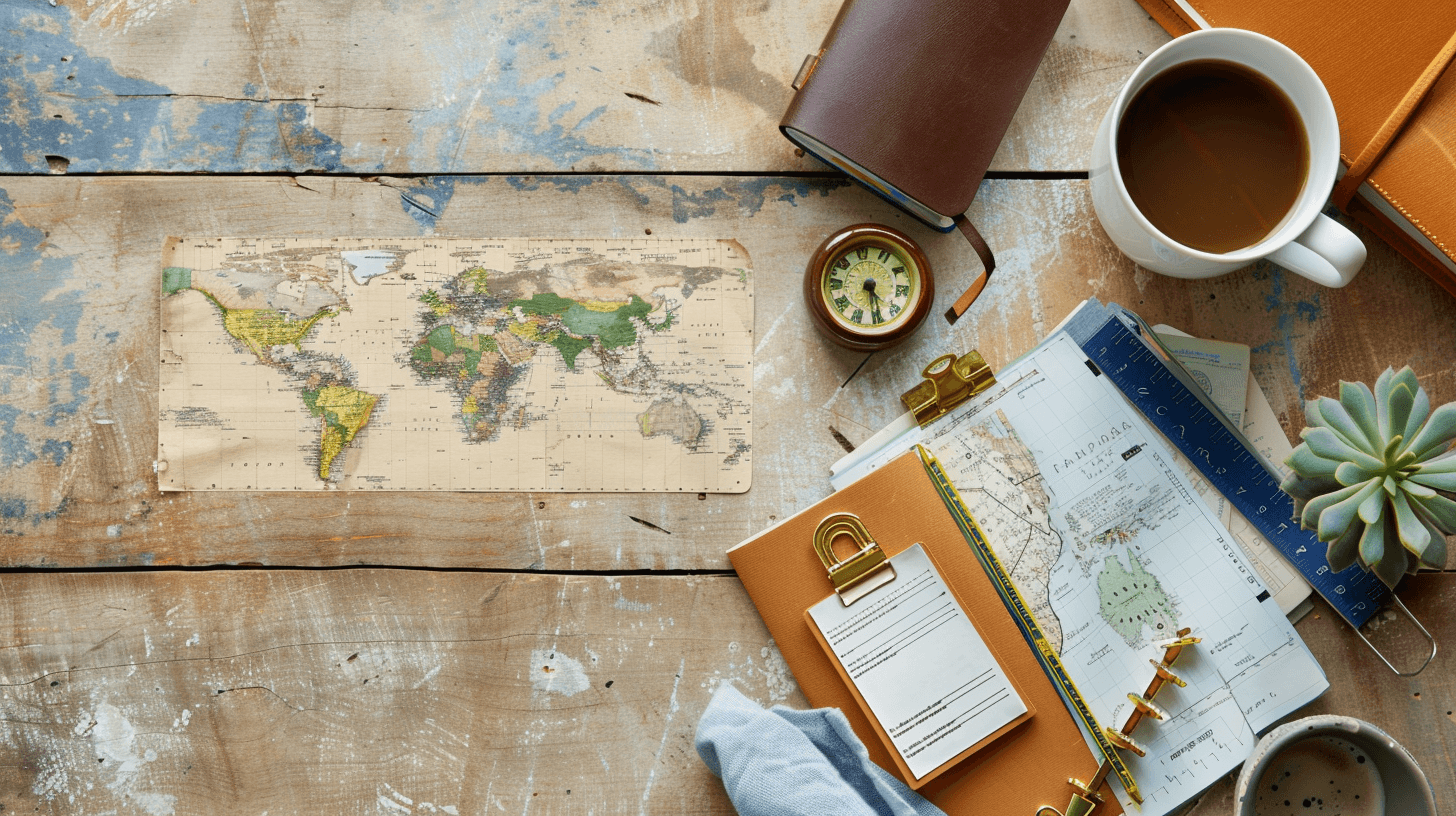 Mesa de planejamento de viagem com mapa, roteiro personalizado, passaporte e café, vista de cima