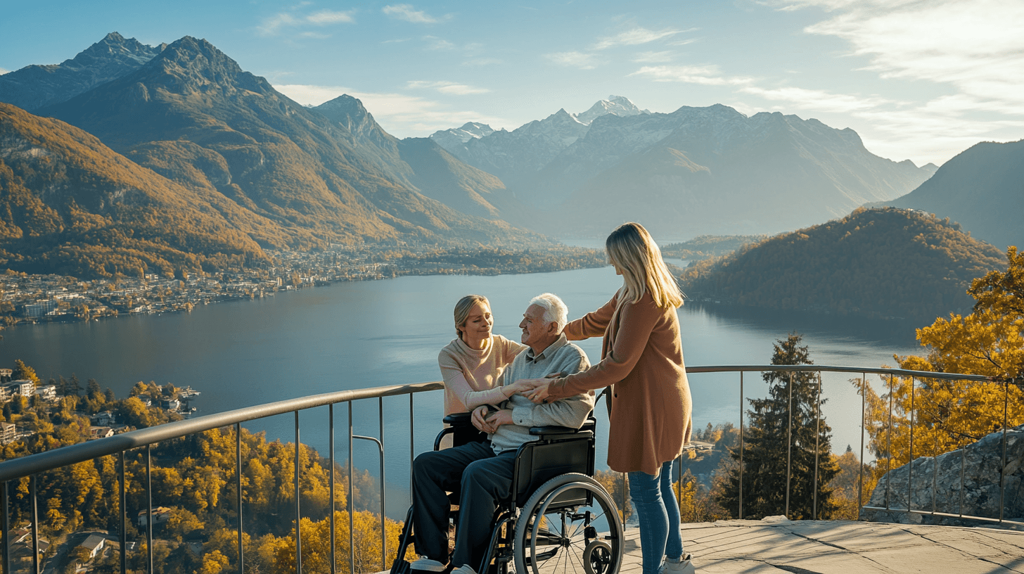 Familia multigeracional em mirante com vista para lago e montanhas