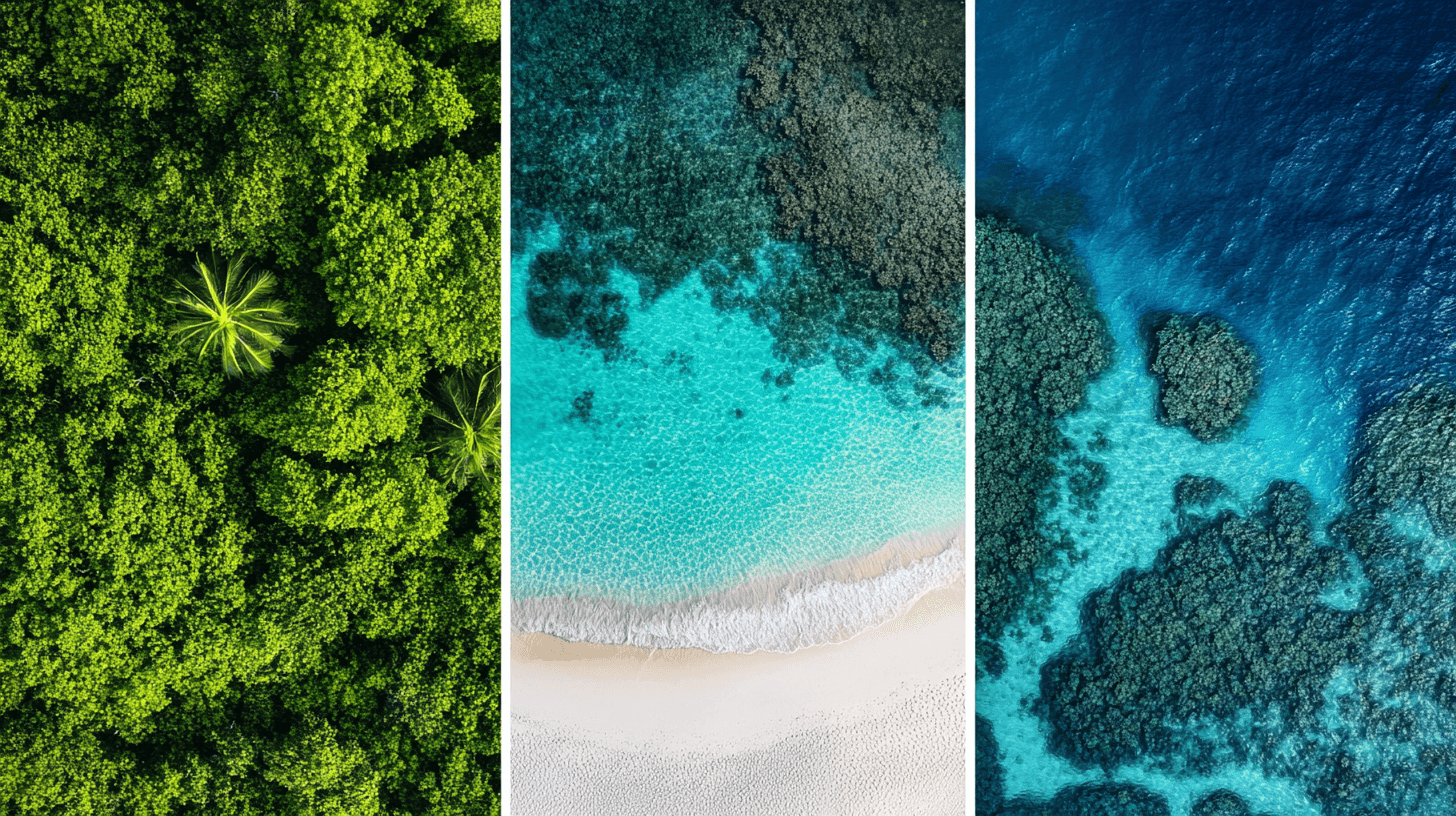 Tríptico de três praias paradisíacas com águas cristalinas em tons de turquesa diferentes