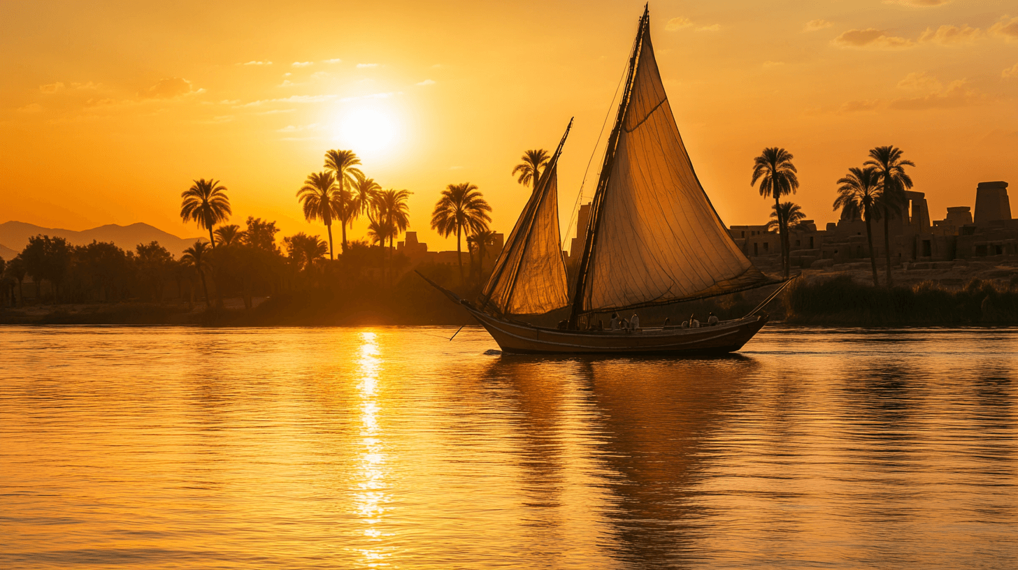 Felucca navegando no rio Nilo ao pôr do sol com palmeiras e ruínas de templo na margem