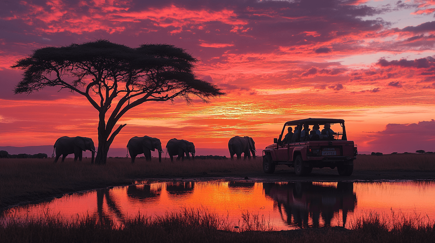 Familia em jipe de safari observando elefantes na savana africana