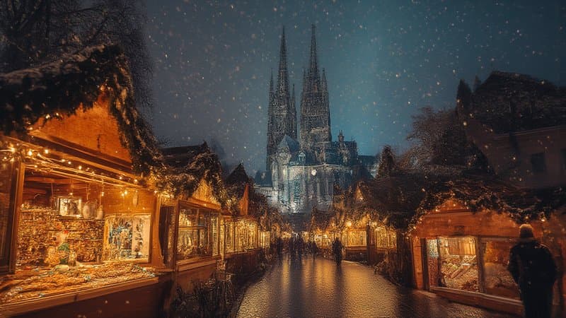 Mercado de Natal europeu iluminado à noite