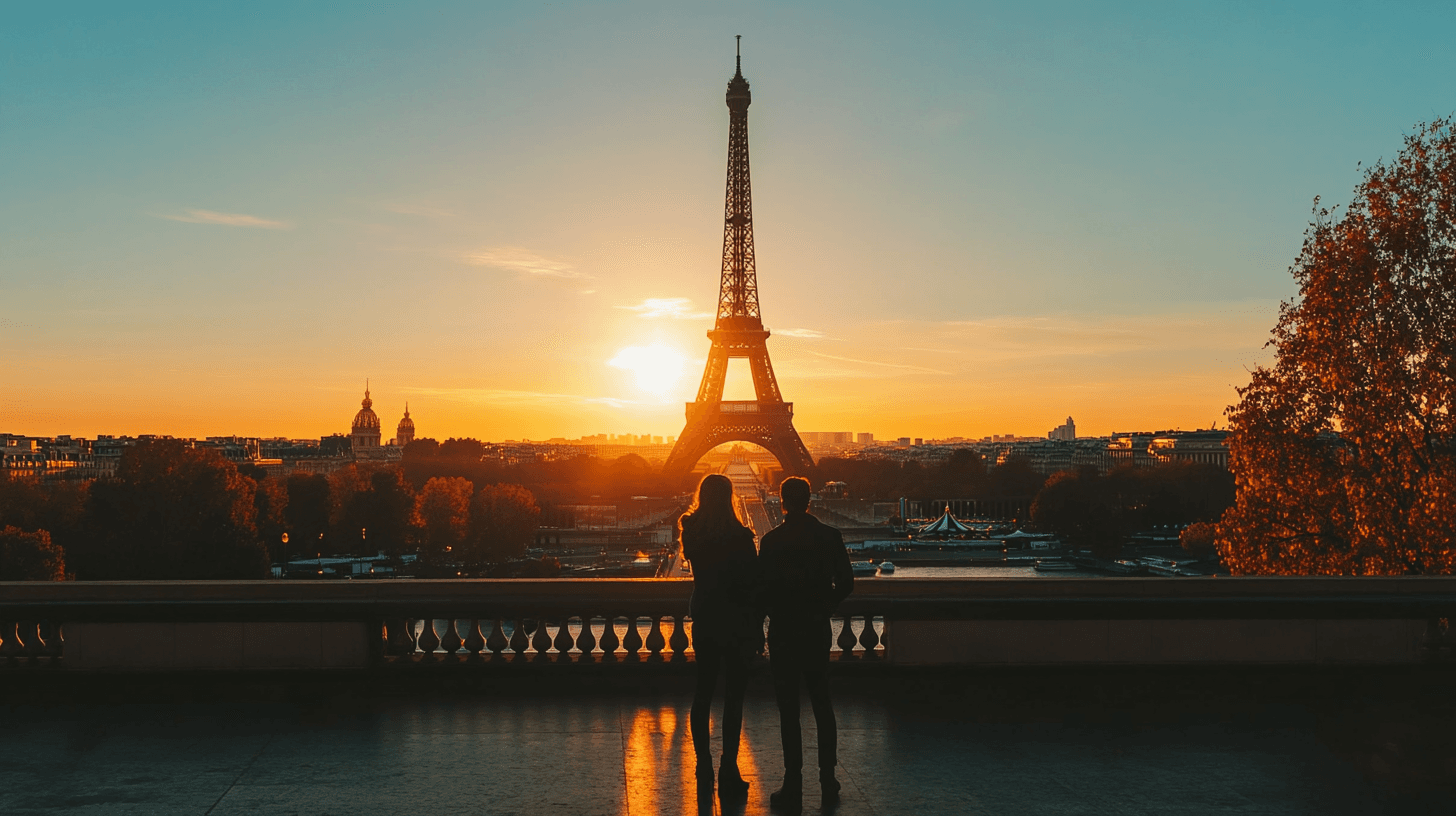Torre Eiffel vista do Trocadéro durante o pôr do sol dourado com casal em silhueta
