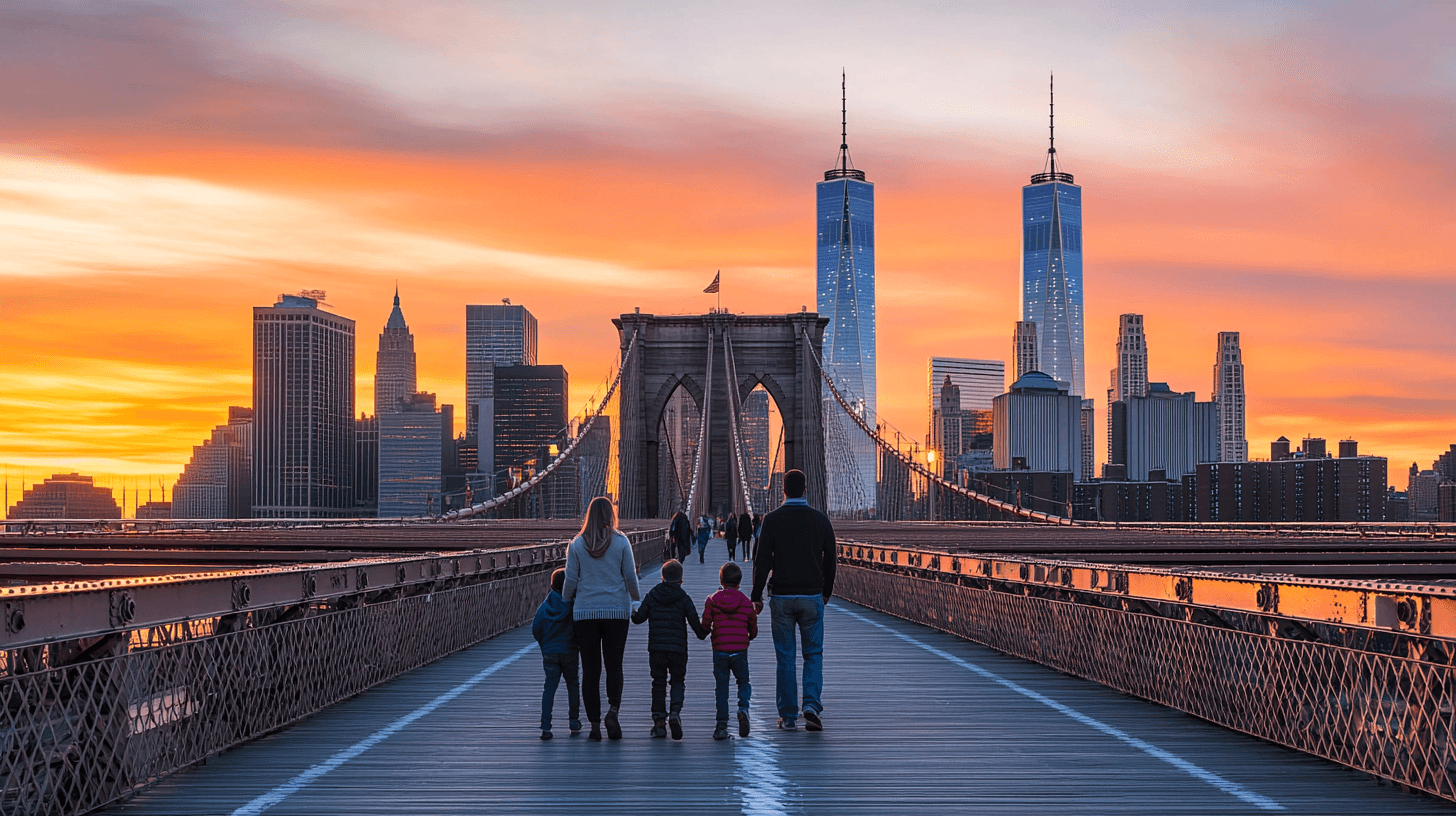 Familia caminhando na Brooklyn Bridge com skyline de Manhattan ao por do sol