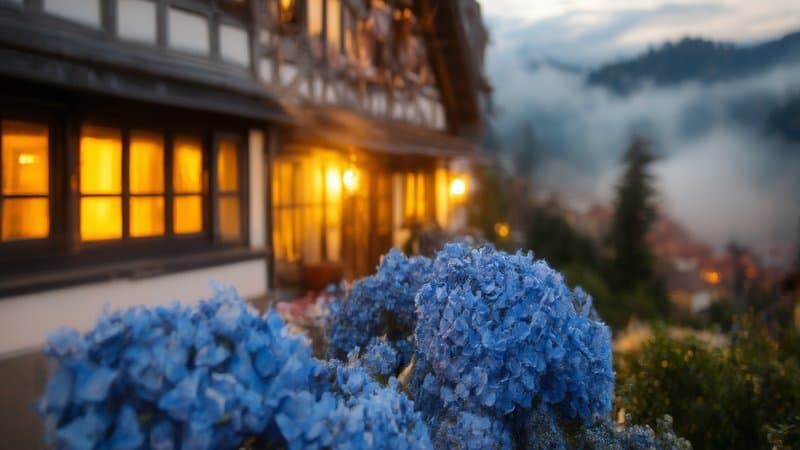 Fachada de hotel estilo bávaro em Gramado numa noite fria de inverno, com luzes acesas e hortênsias
