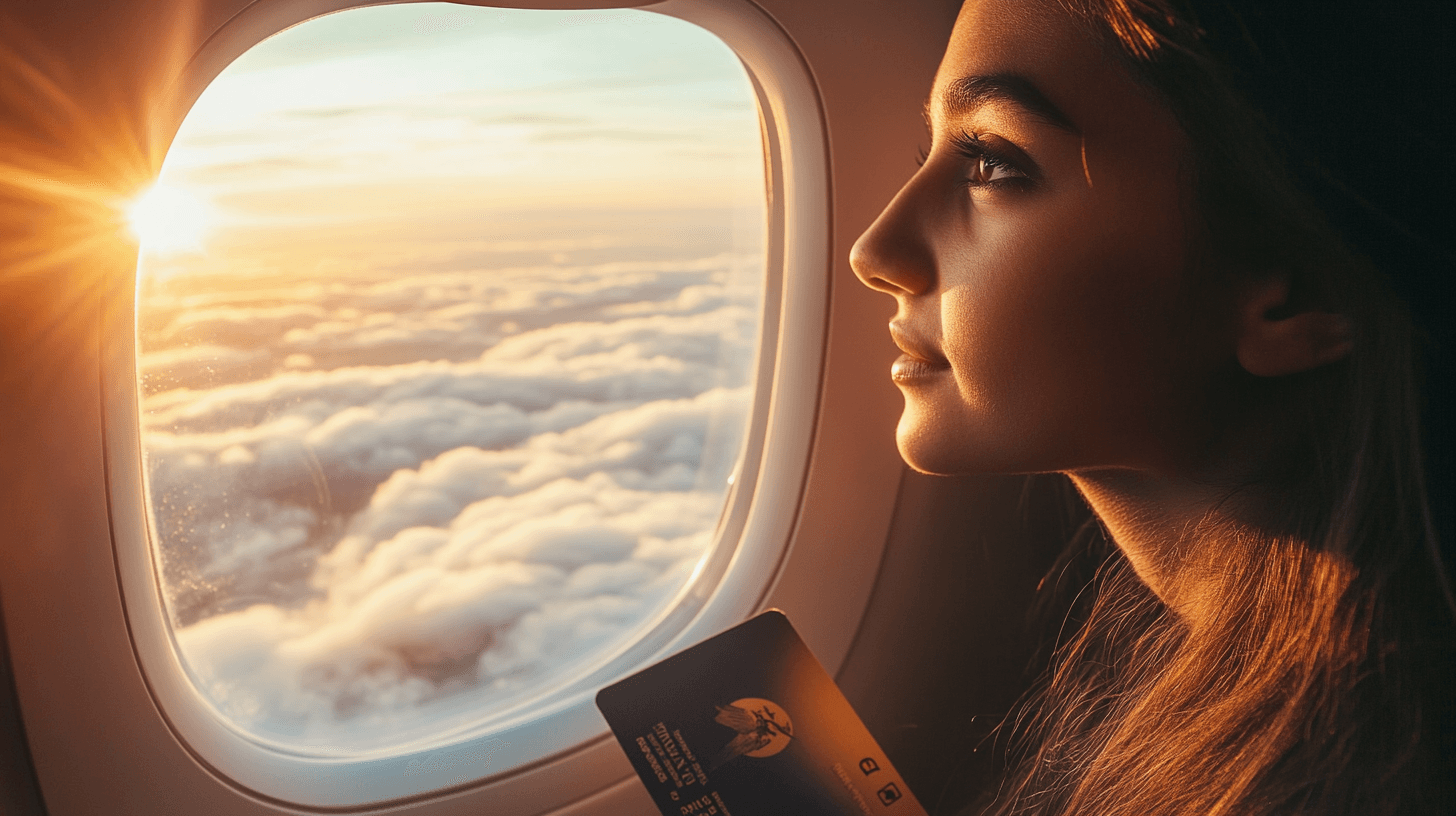 Viajante jovem olhando pela janela do avião durante o pôr do sol com passaporte na mesa