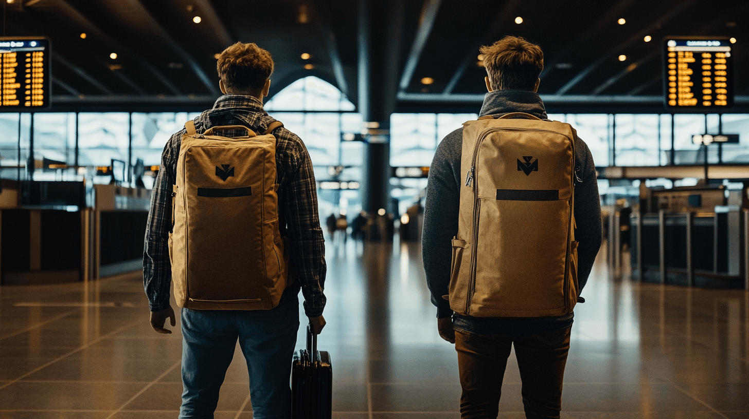 Dois viajantes no aeroporto: um com mochila leve e outro com malas grandes no balcão de check-in
