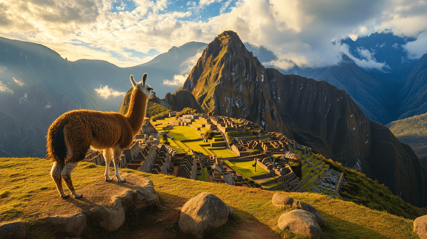 Machu Picchu ao amanhecer com névoa matinal, lhama em primeiro plano e Huayna Picchu ao fundo