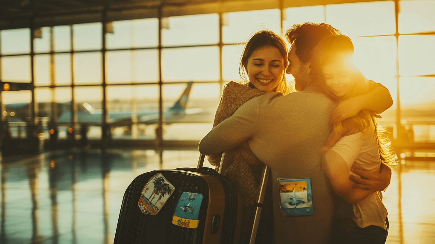Familia se abracando no aeroporto apos viagem inesquecivel ao por do sol
