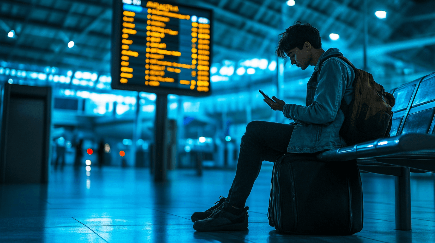 Viajante sentado sobre mala em portão de embarque vazio à noite olhando o celular
