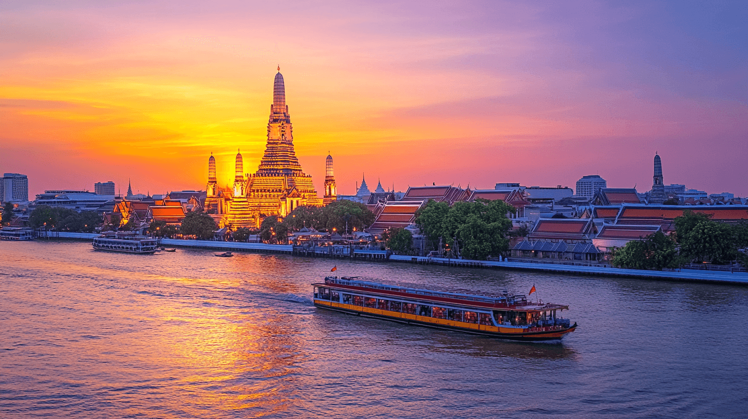 Templo dourado Wat Arun ao pôr do sol com rio Chao Phraya e barco long tail