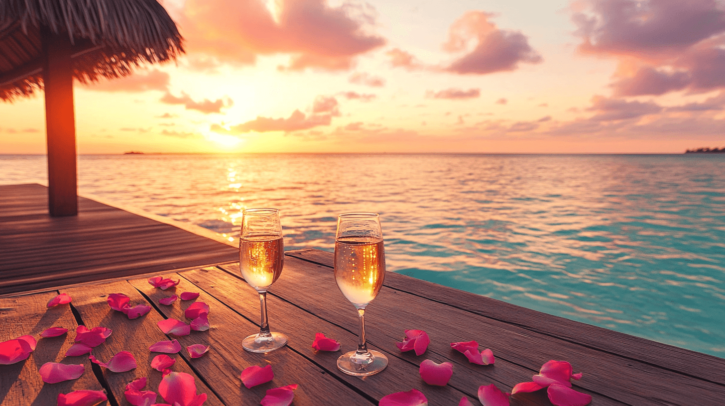 Bangalô sobre águas com lagoa turquesa ao pôr do sol, pétalas de flores e taças de champagne