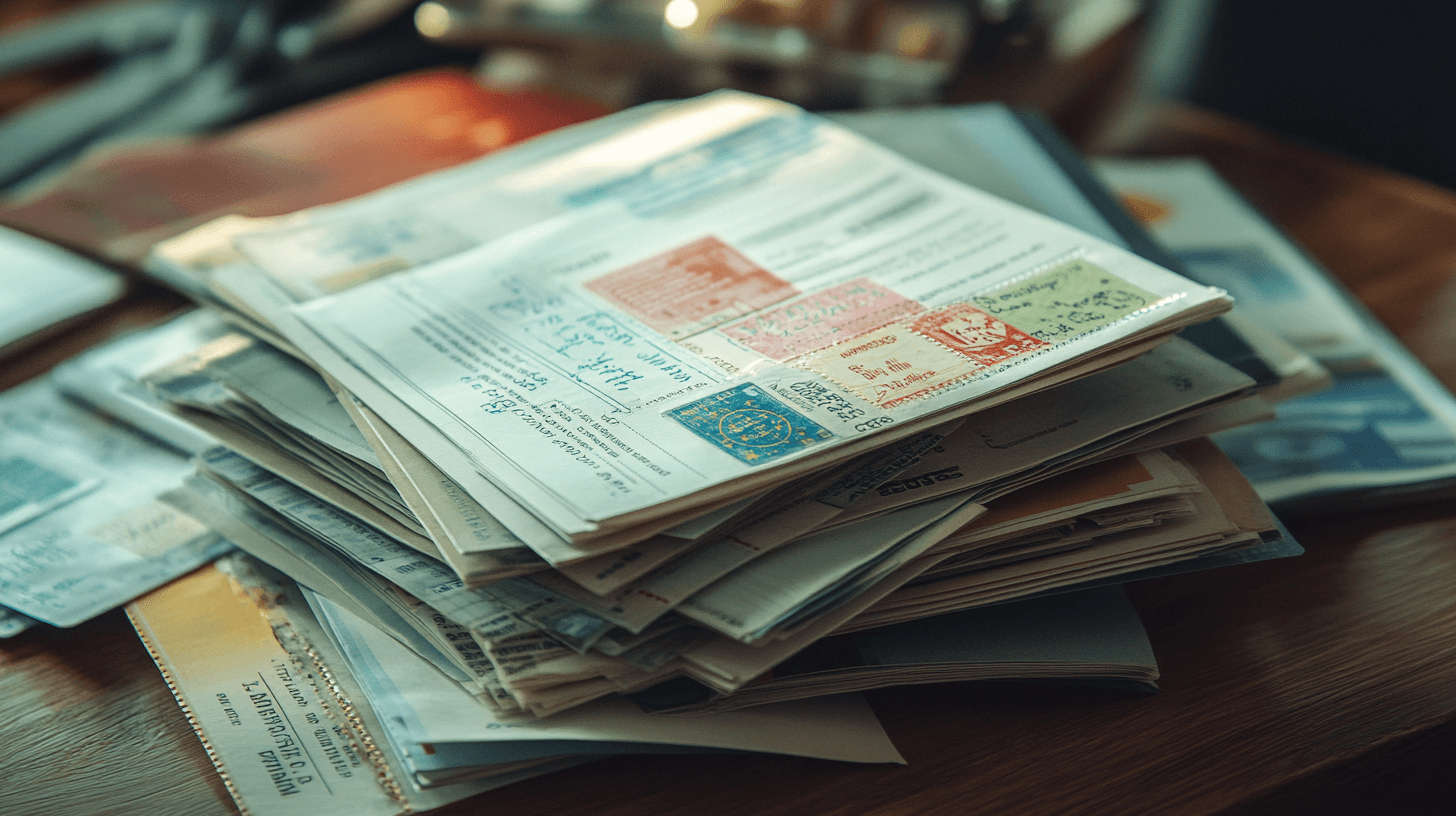 Documentos de viagem organizados sobre mesa de madeira
