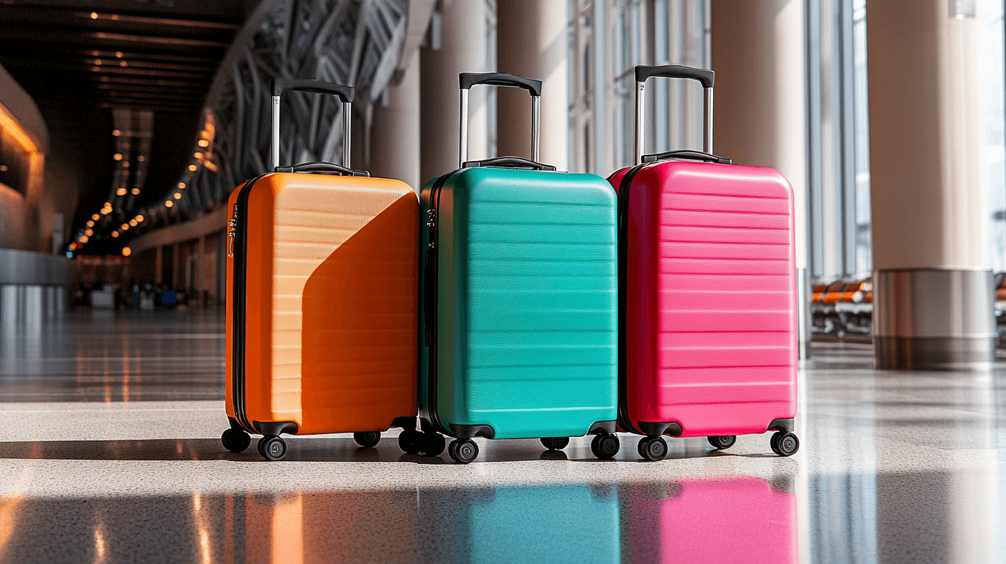 Tres malas coloridas no aeroporto para comparativo de bagagem