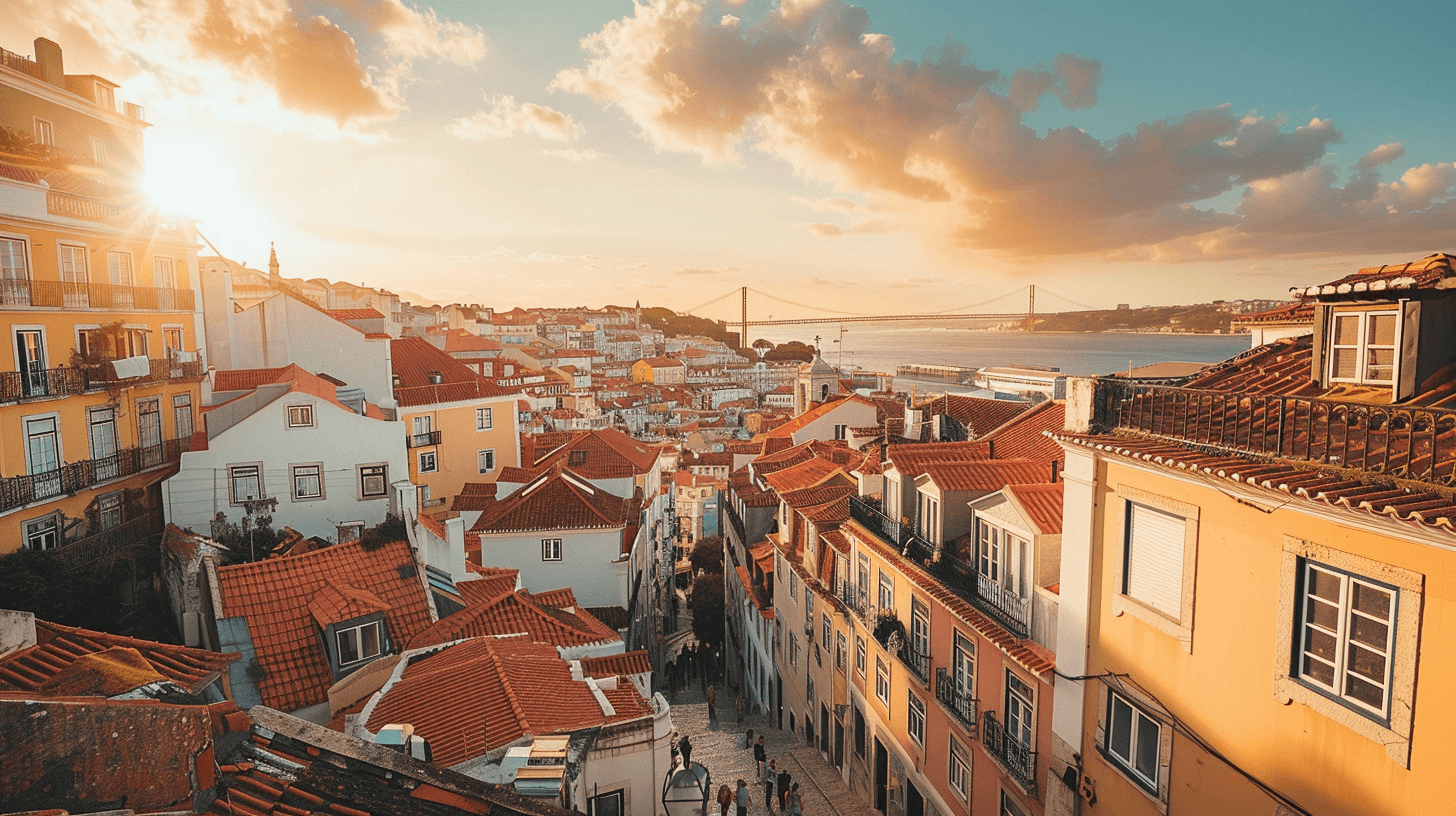 Vista aérea dos telhados coloridos de Lisboa com o rio Tejo ao fundo, luz dourada de fim de tarde