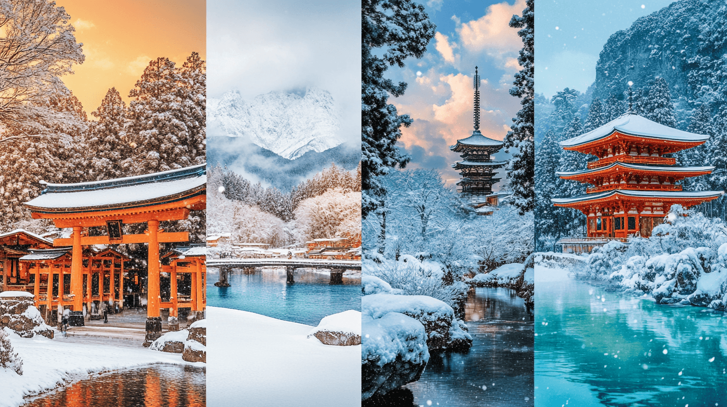 Colagem de quatro destinos de viagem: mercado europeu, praia tropical, safári e templo japonês