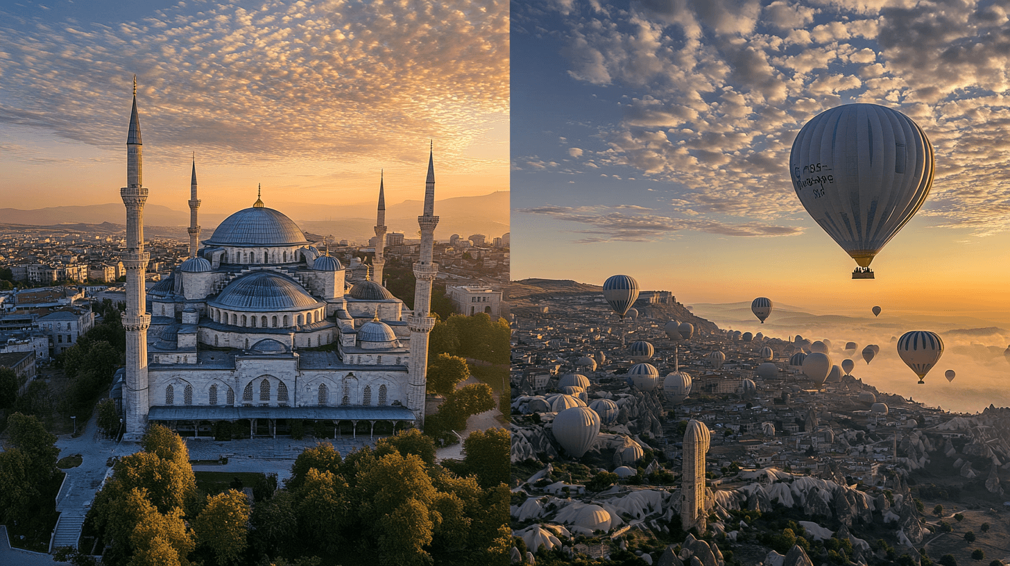 Composição dividida com Mesquita Azul de Istambul ao pôr do sol e balões na Capadócia ao amanhecer