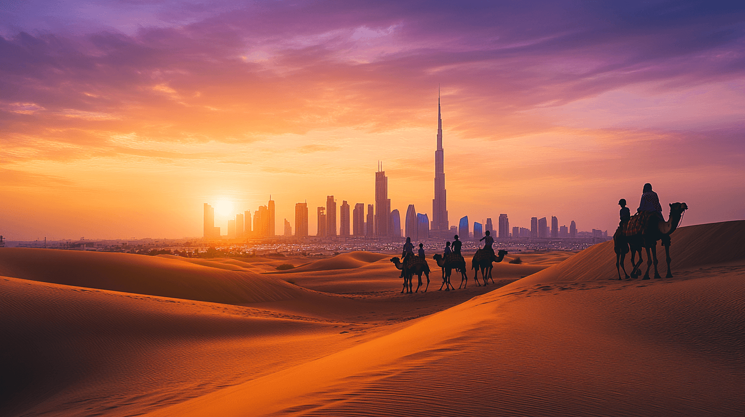 Skyline de Dubai ao por do sol visto das dunas do deserto com camelos