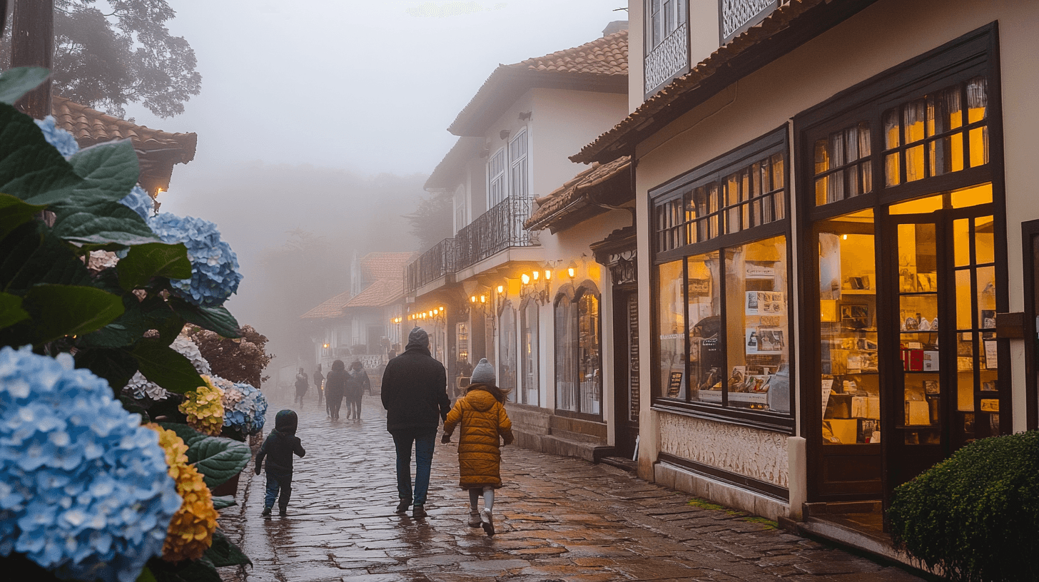 Gramado no inverno com arquitetura colonial e neblina
