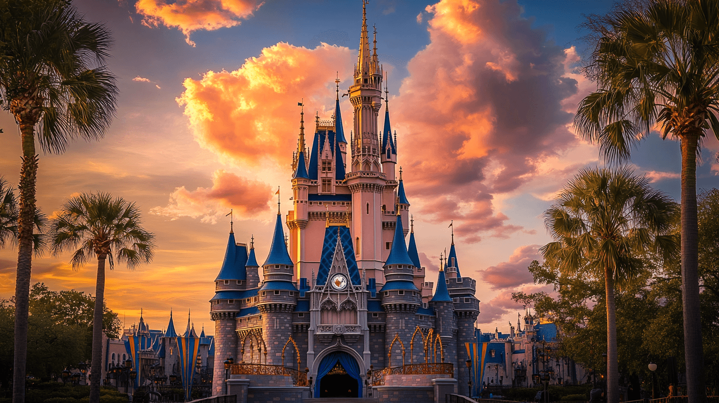 Castelo da Cinderela no Magic Kingdom durante o pôr do sol dourado