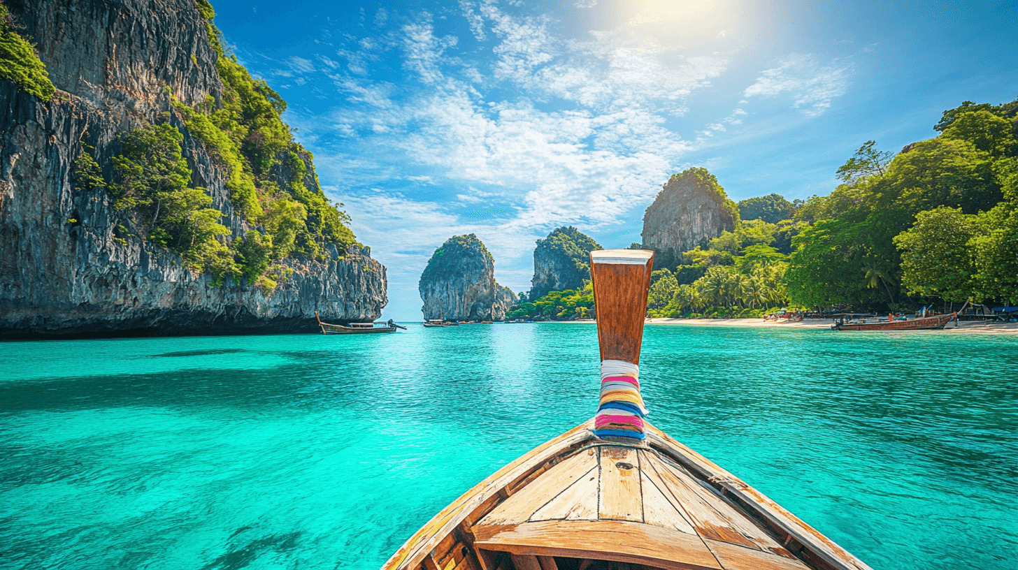 Barco long tail em água cristalina turquesa se aproximando de ilhas de calcário em Krabi