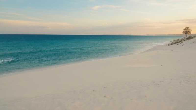 Praia deserta de areia branca e mar turquesa em Cabo Verde ao entardecer