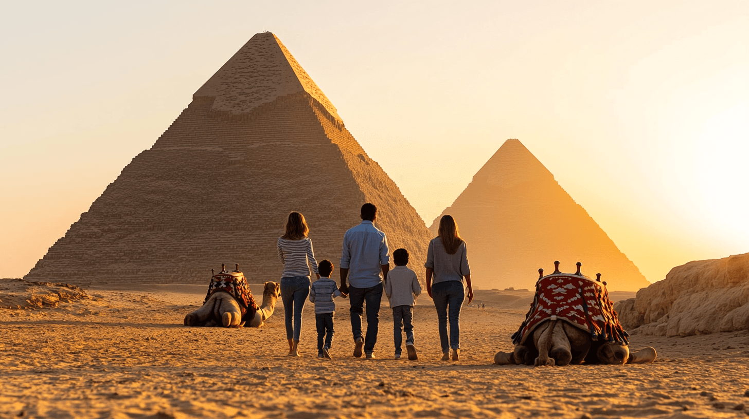 Familia caminhando em direcao as Piramides de Giza ao por do sol no Egito