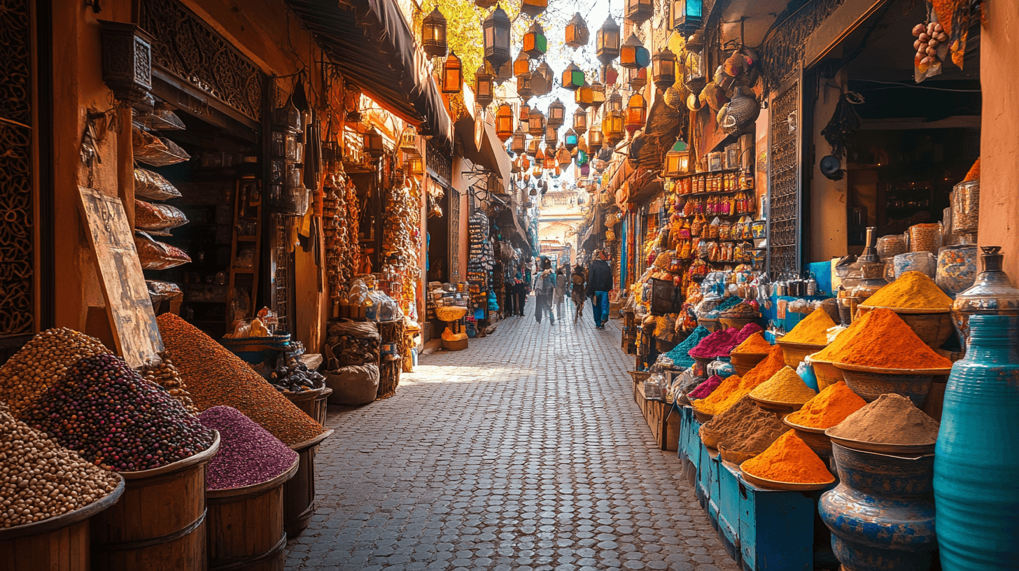 Beco vibrante da medina de Marrakech com barracas de especiarias coloridas e lanternas