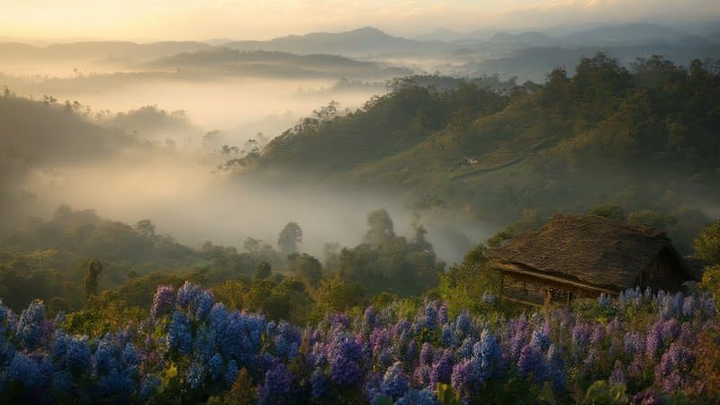 Vale enevoado da Serra Gaúcha ao amanhecer com hortênsias azuis em primeiro plano