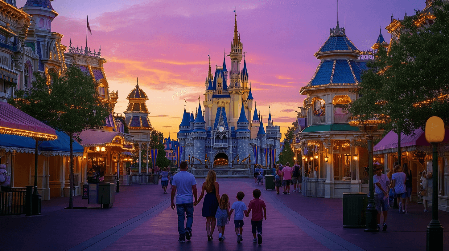 Familia caminhando pela Main Street USA em direcao ao Castelo da Cinderela na Disney ao entardecer