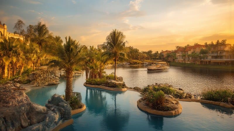 Área de piscina de resort em Orlando ao entardecer, com palmeiras e arquitetura mediterrânea