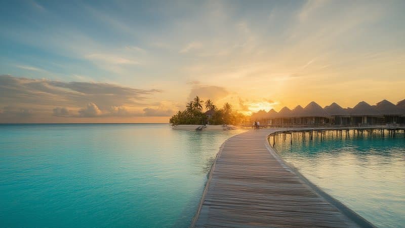 Bangalôs overwater sobre lagoa turquesa ao entardecer