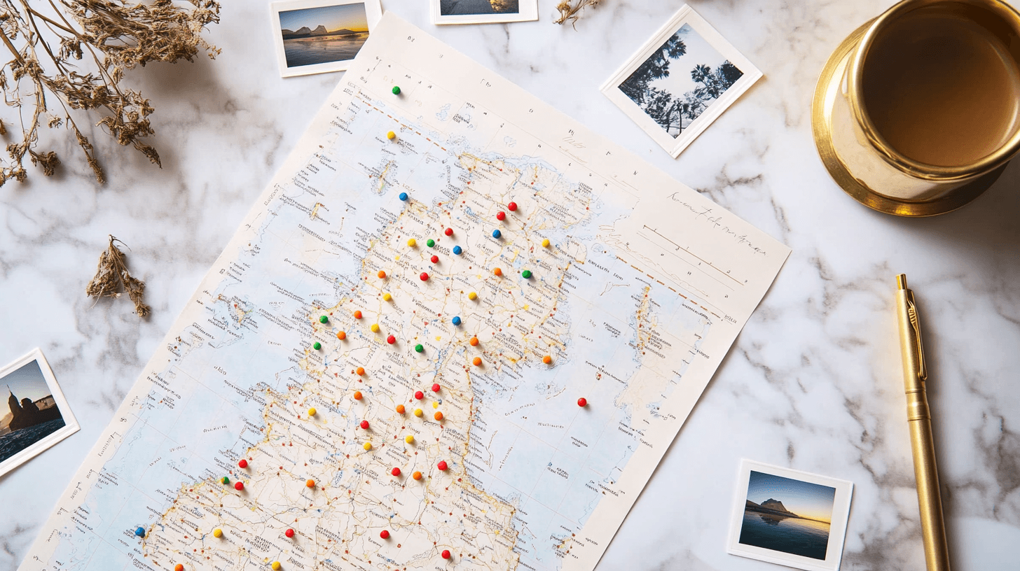 Roteiro de viagem personalizado com mapa pins e fotos polaroid