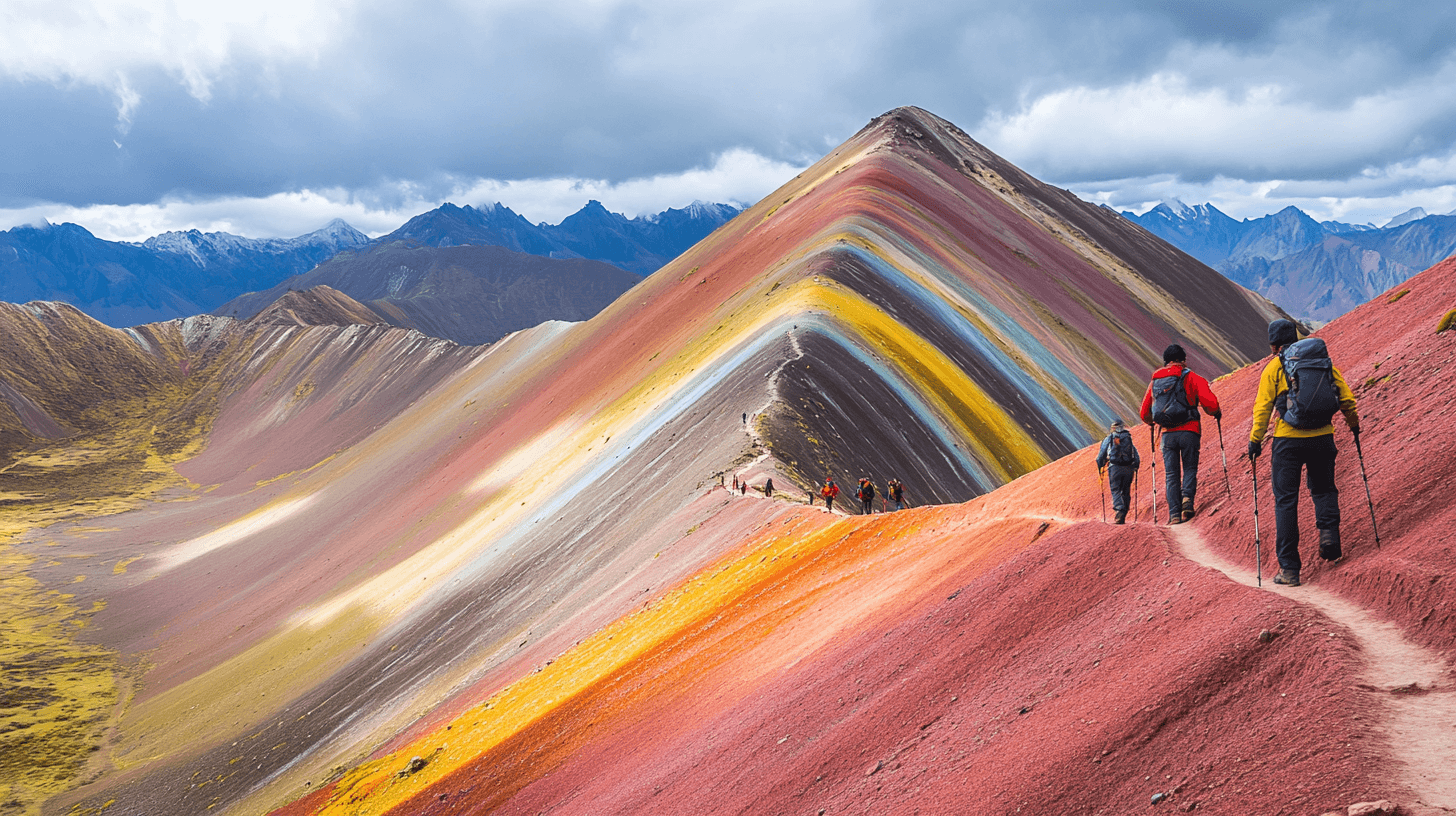 Rainbow Mountain no Peru com caminhantes na trilha e listras coloridas de minerais
