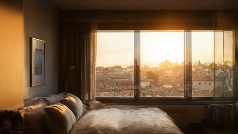 Quarto de hotel boutique com janela ampla sobre telhados europeus