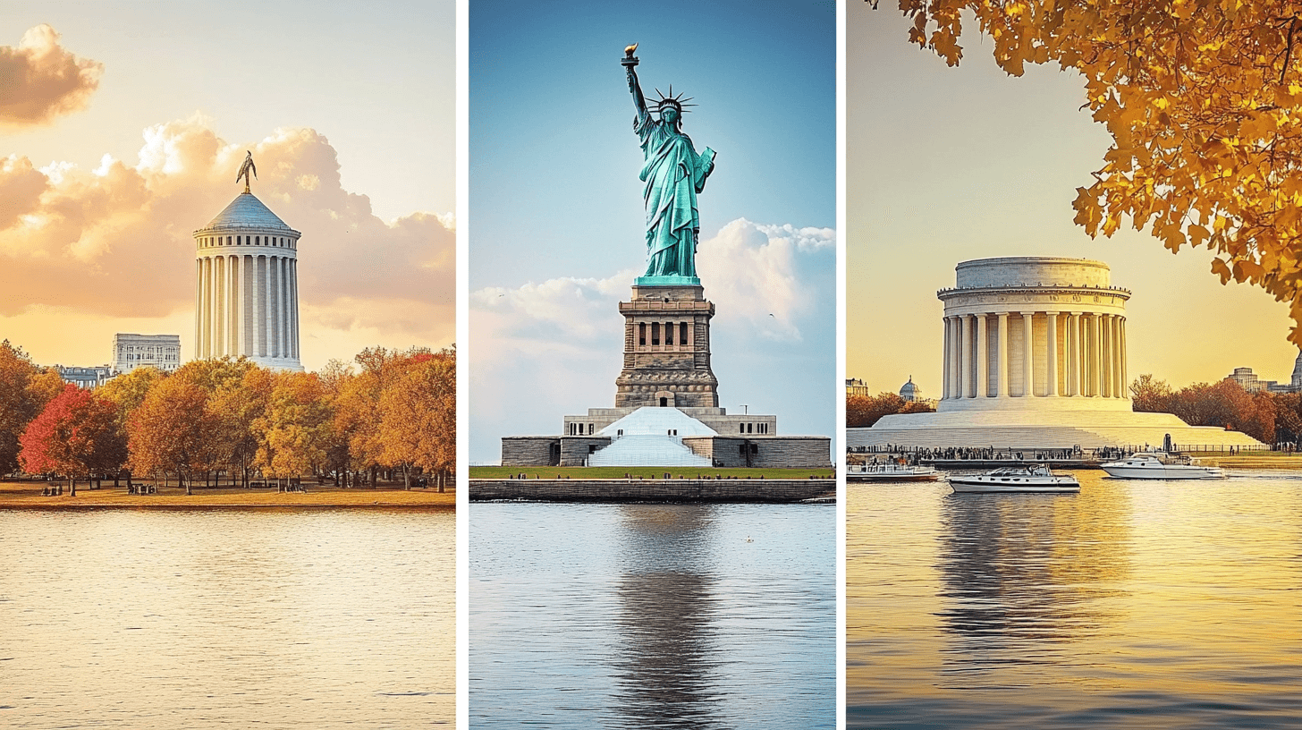 Colagem de três marcos americanos: Estátua da Liberdade, Lincoln Memorial e porto de Boston